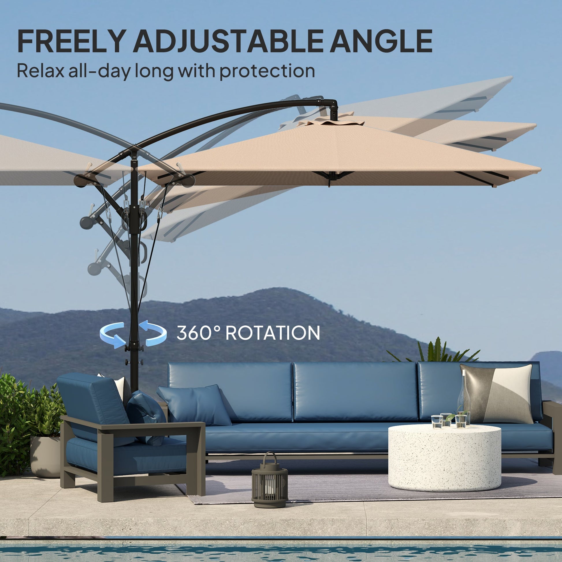 Patio Offset Umbrella UPF 50+ UV Protection, Water-Resistant, Crank Parasol with Base, Cover & Wind Securing, Tiltable Garden Umbrella for Balcony & Patio, Khaki