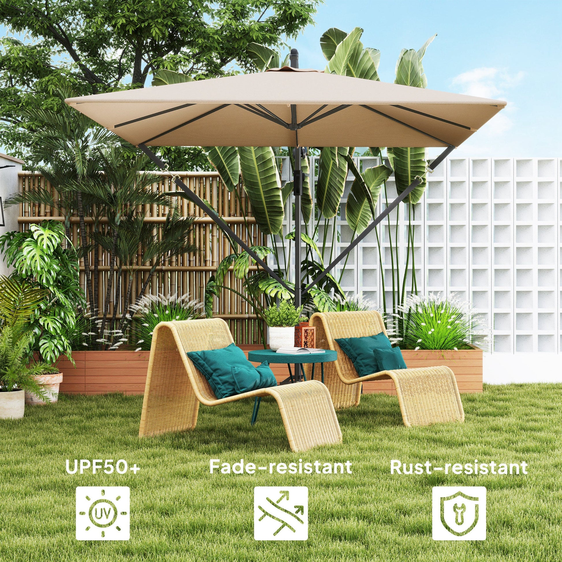 Patio Offset Umbrella UPF 50+ UV Protection, Water-Resistant, Crank Parasol with Base, Cover & Wind Securing, Tiltable Garden Umbrella for Balcony & Patio, Khaki