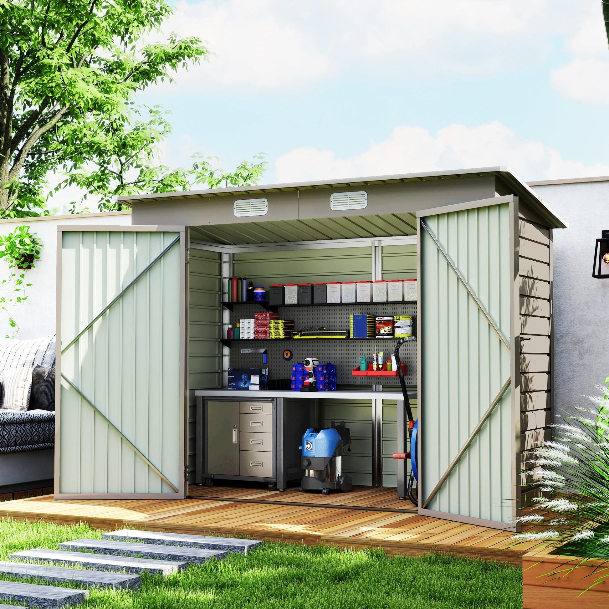 8 x 4FT Outdoor Storage Shed, Easy to Assemble Galvanized Metal Garden Shed, Waterproof Tool Shed with Lockable Door and 2 Vents for Backyard, Lawn, Patio, Light Grey