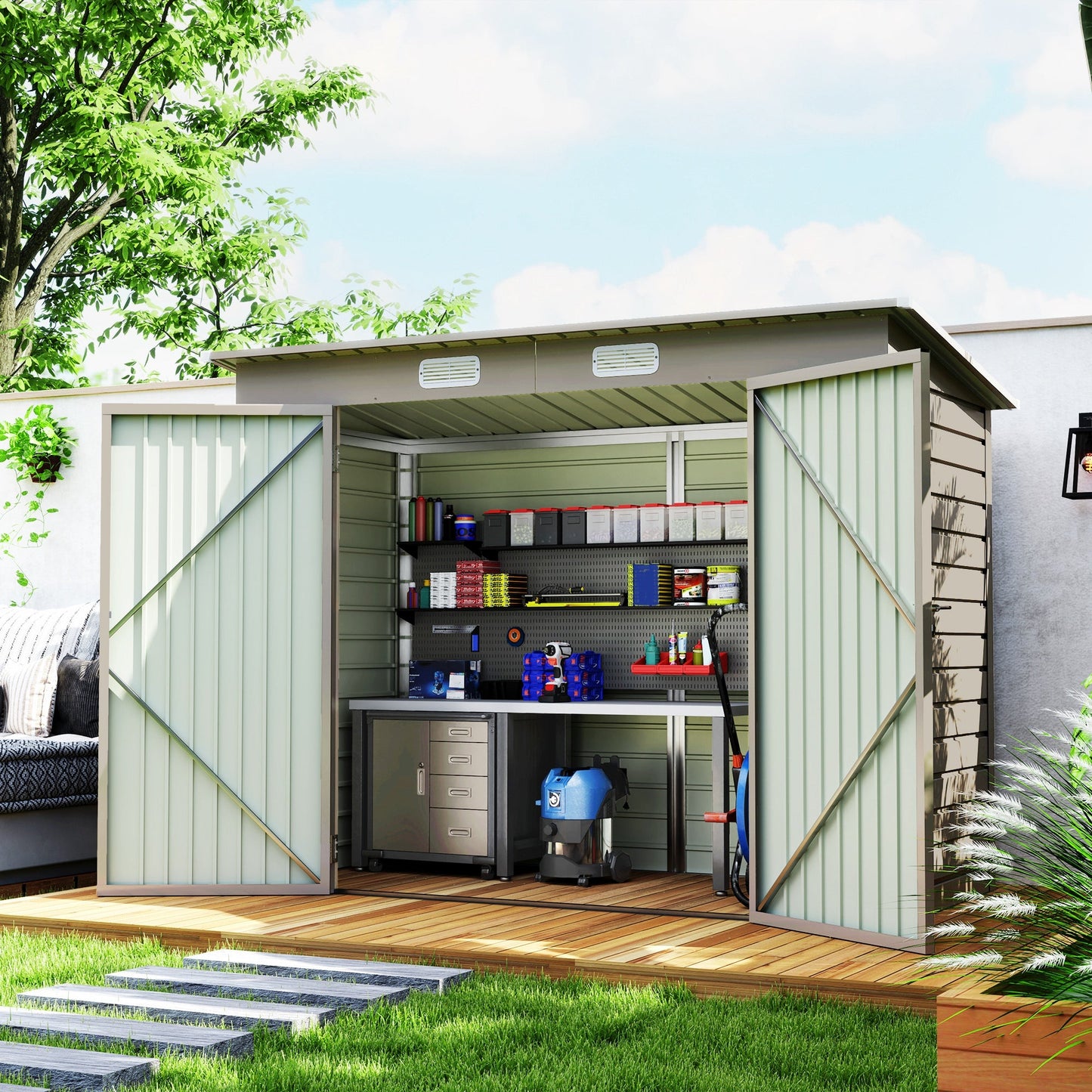 8 x 4FT Outdoor Storage Shed, Easy to Assemble Galvanized Metal Garden Shed, Waterproof Tool Shed with Lockable Door and 2 Vents for Backyard, Lawn, Patio, Light Grey