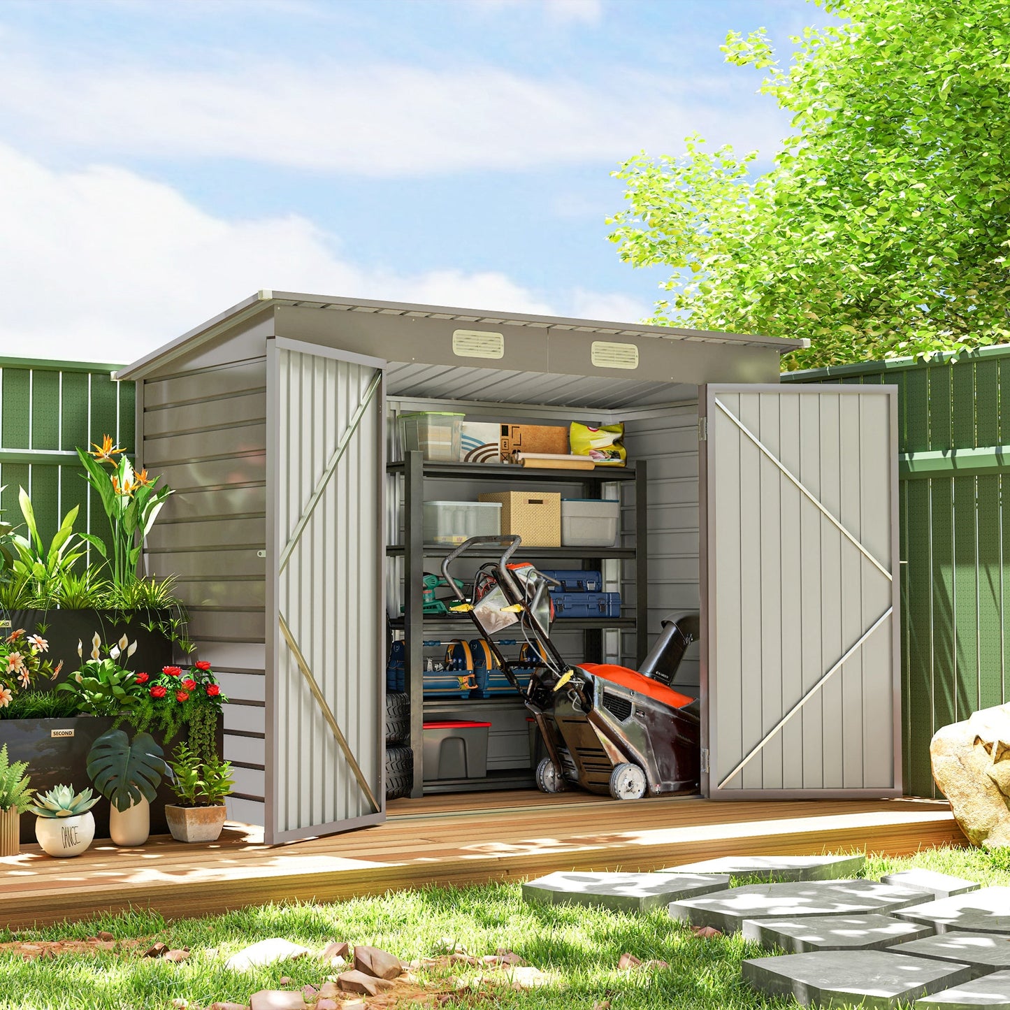 8 x 4FT Outdoor Storage Shed, Easy to Assemble Galvanized Metal Garden Shed, Waterproof Tool Shed with Lockable Door and 2 Vents for Backyard, Lawn, Patio, Light Grey