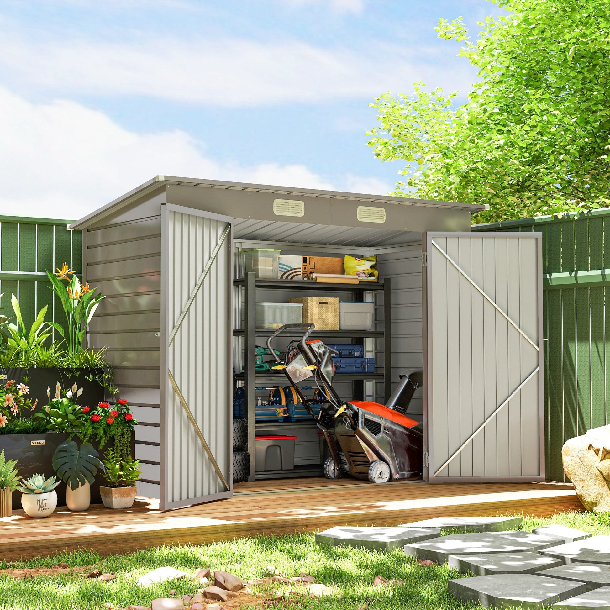 8 x 4FT Outdoor Storage Shed, Easy to Assemble Galvanized Metal Garden Shed, Waterproof Tool Shed with Lockable Door and 2 Vents for Backyard, Lawn, Patio, Light Grey