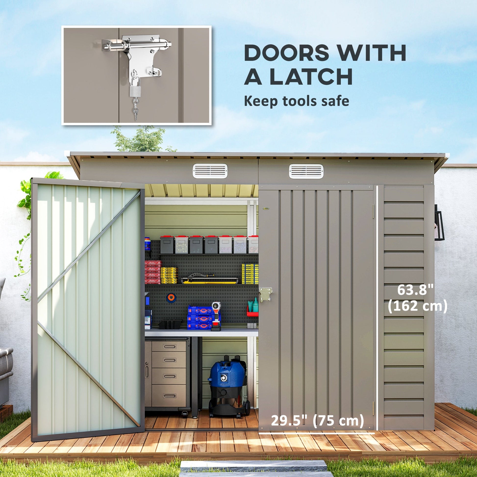 8 x 4FT Outdoor Storage Shed, Easy to Assemble Galvanized Metal Garden Shed, Waterproof Tool Shed with Lockable Door and 2 Vents for Backyard, Lawn, Patio, Light Grey