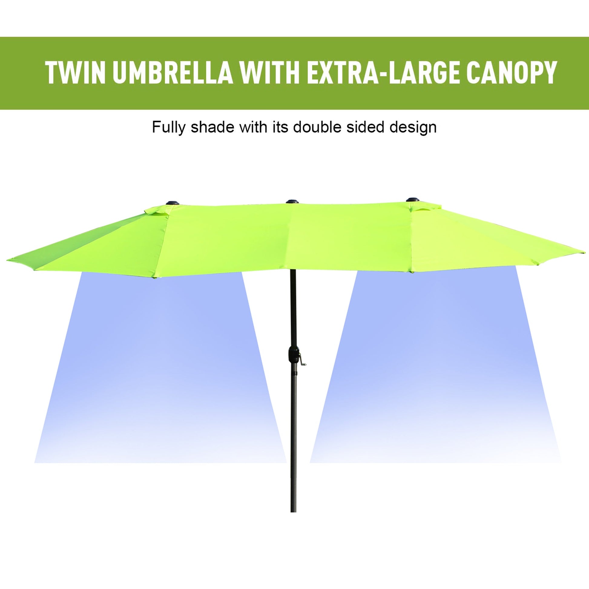 15ft Double-sided Patio Umbrella with Twin Canopy, Extra Large Outdoor Parasol with Crank for Pool, Deck, Market, Green