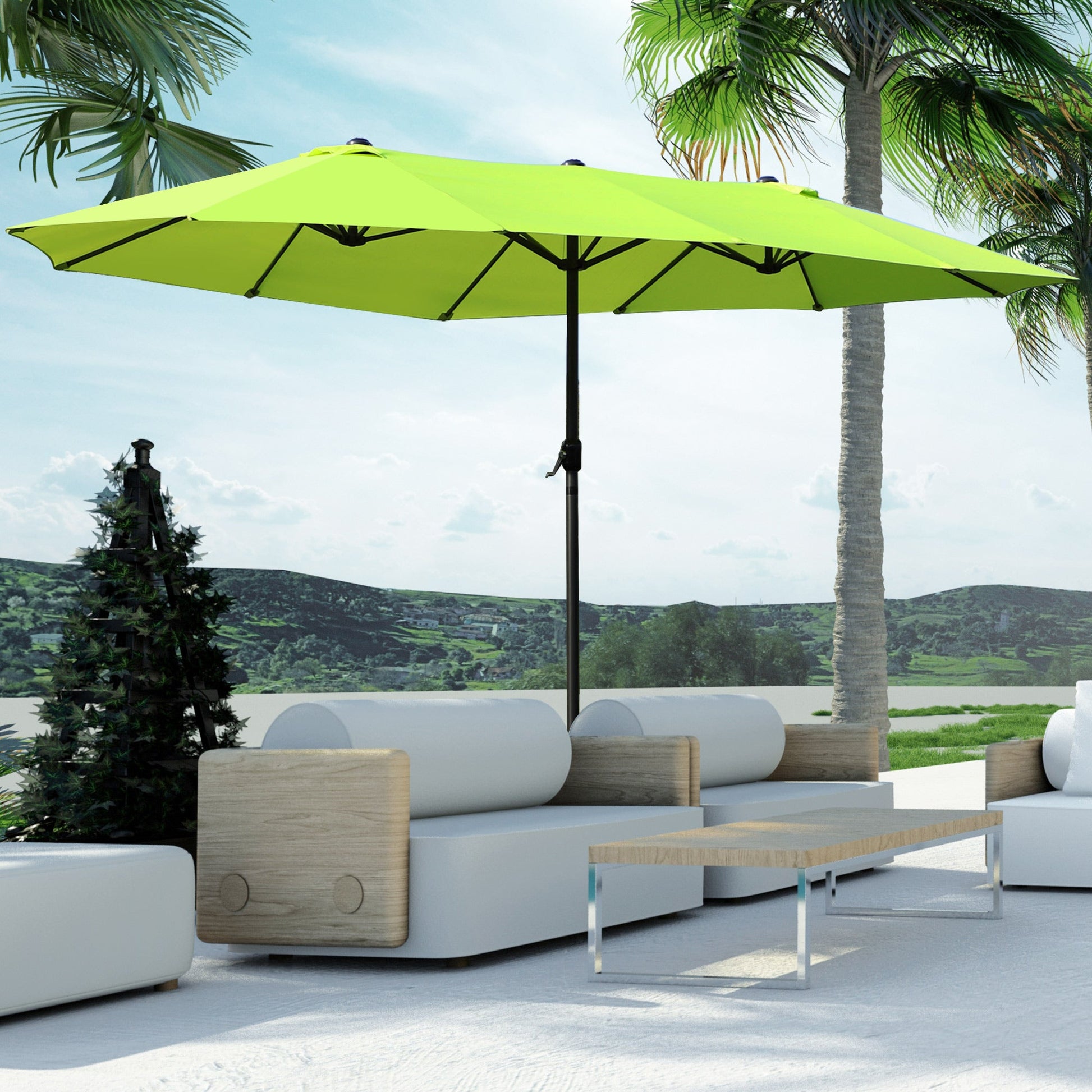 15ft Double-sided Patio Umbrella with Twin Canopy, Extra Large Outdoor Parasol with Crank for Pool, Deck, Market, Green