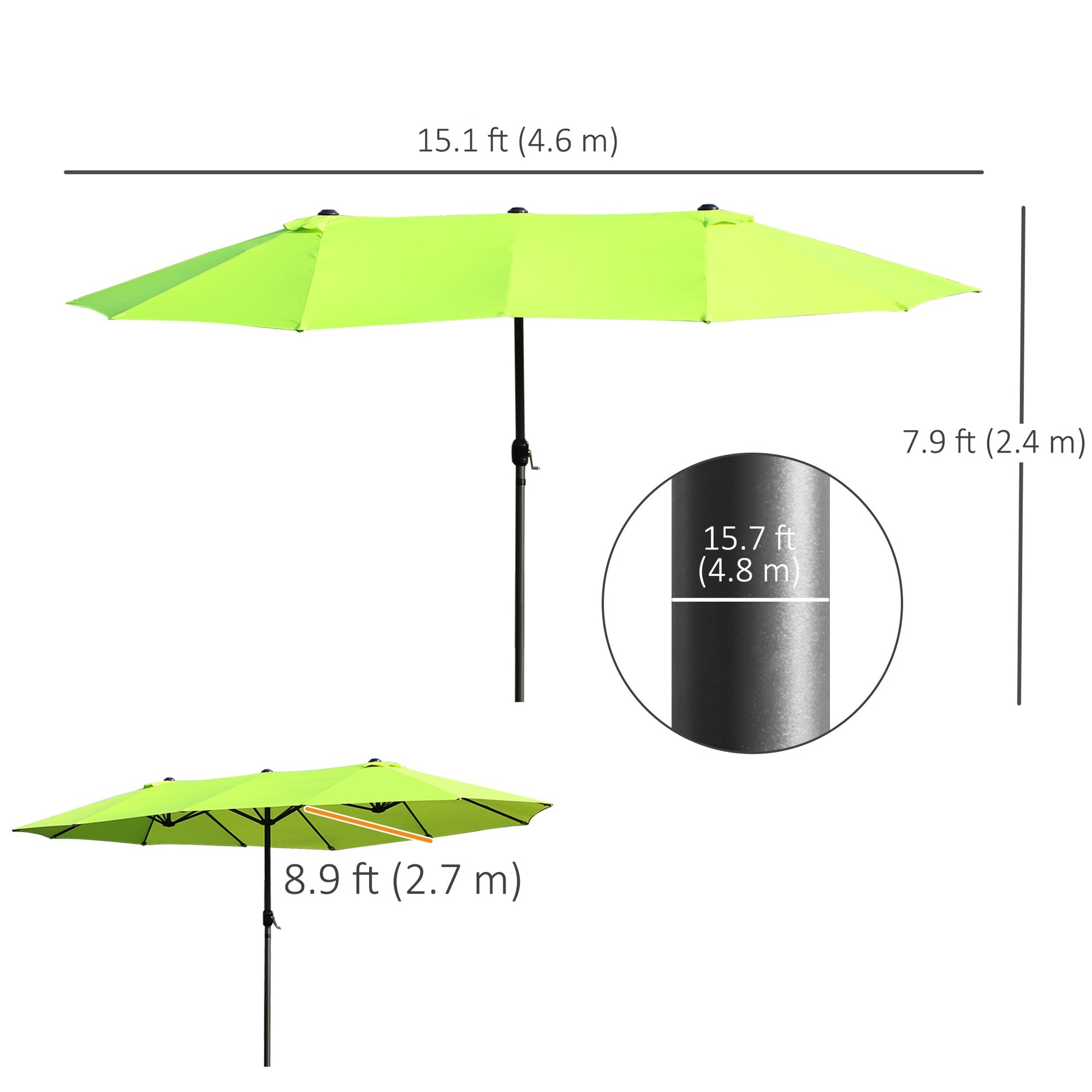 15ft Double-sided Patio Umbrella with Twin Canopy, Extra Large Outdoor Parasol with Crank for Pool, Deck, Market, Green