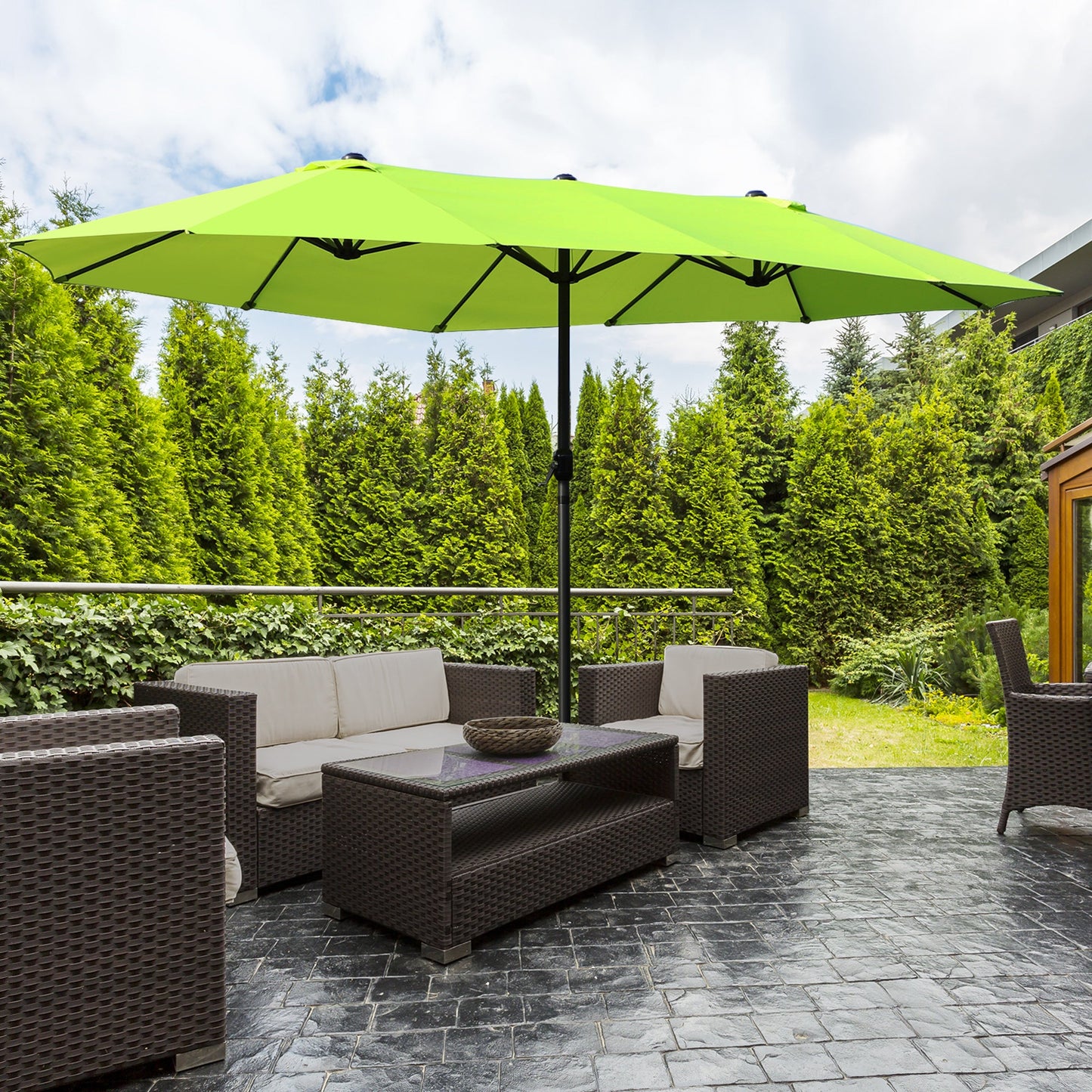 15ft Double-sided Patio Umbrella with Twin Canopy, Extra Large Outdoor Parasol with Crank for Pool, Deck, Market, Green