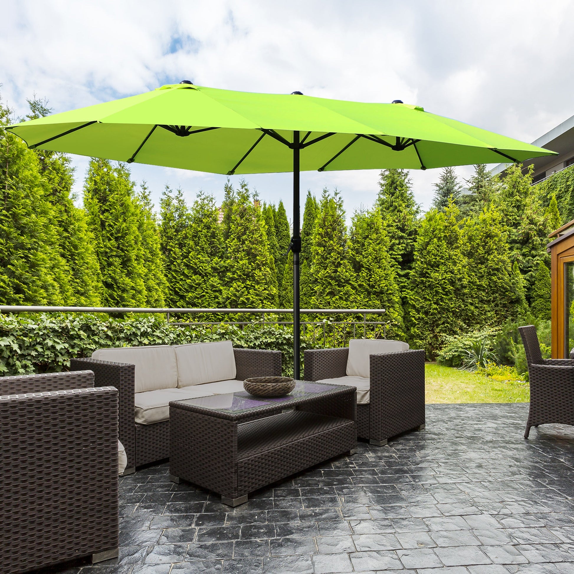 15ft Double-sided Patio Umbrella with Twin Canopy, Extra Large Outdoor Parasol with Crank for Pool, Deck, Market, Green