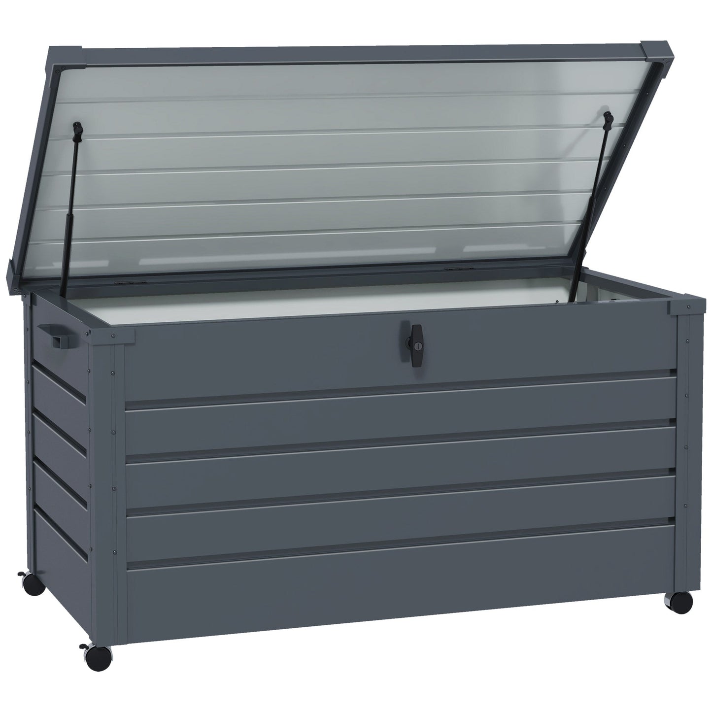 82 Gallon Garden Storage Box, Waterproof Outdoor Storage Container with Wheels and Handles, Lockable Galvanised Steel Outside Deck Box for Tools, Cushions, Dark Grey
