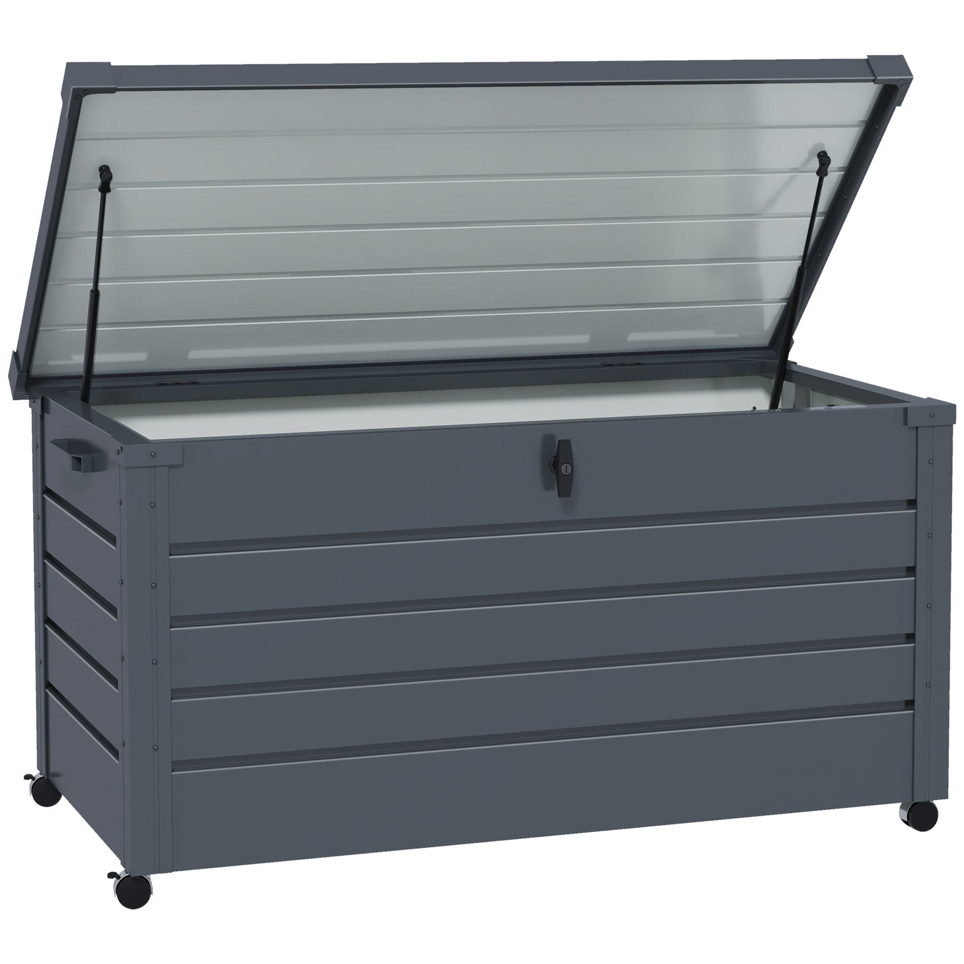 82 Gallon Garden Storage Box, Waterproof Outdoor Storage Container with Wheels and Handles, Lockable Galvanised Steel Outside Deck Box for Tools, Cushions, Dark Grey