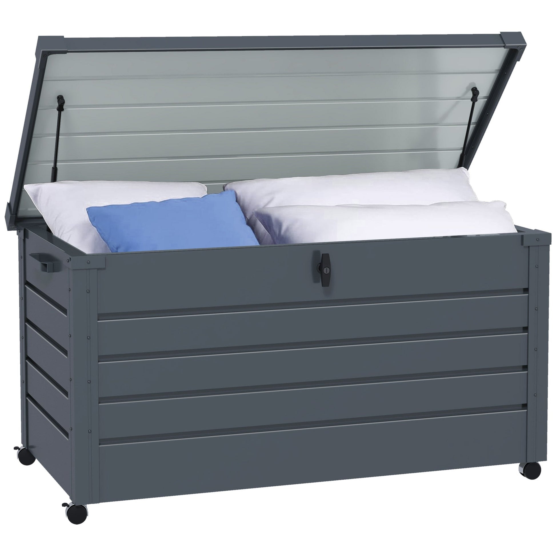 82 Gallon Garden Storage Box, Waterproof Outdoor Storage Container with Wheels and Handles, Lockable Galvanised Steel Outside Deck Box for Tools, Cushions, Dark Grey
