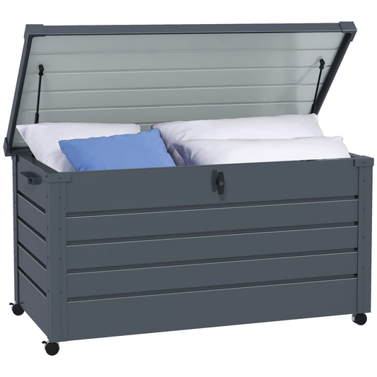 82 Gallon Garden Storage Box, Waterproof Outdoor Storage Container with Wheels and Handles, Lockable Galvanised Steel Outside Deck Box for Tools, Cushions, Dark Grey