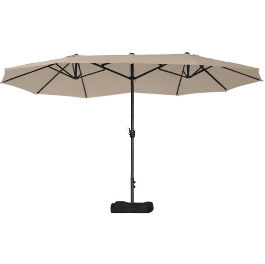 15' Outdoor Patio Umbrella with Twin Canopy Sunshade Steel Table Umbrella with Lift Crank, Cross base, Sandbag, Khaki