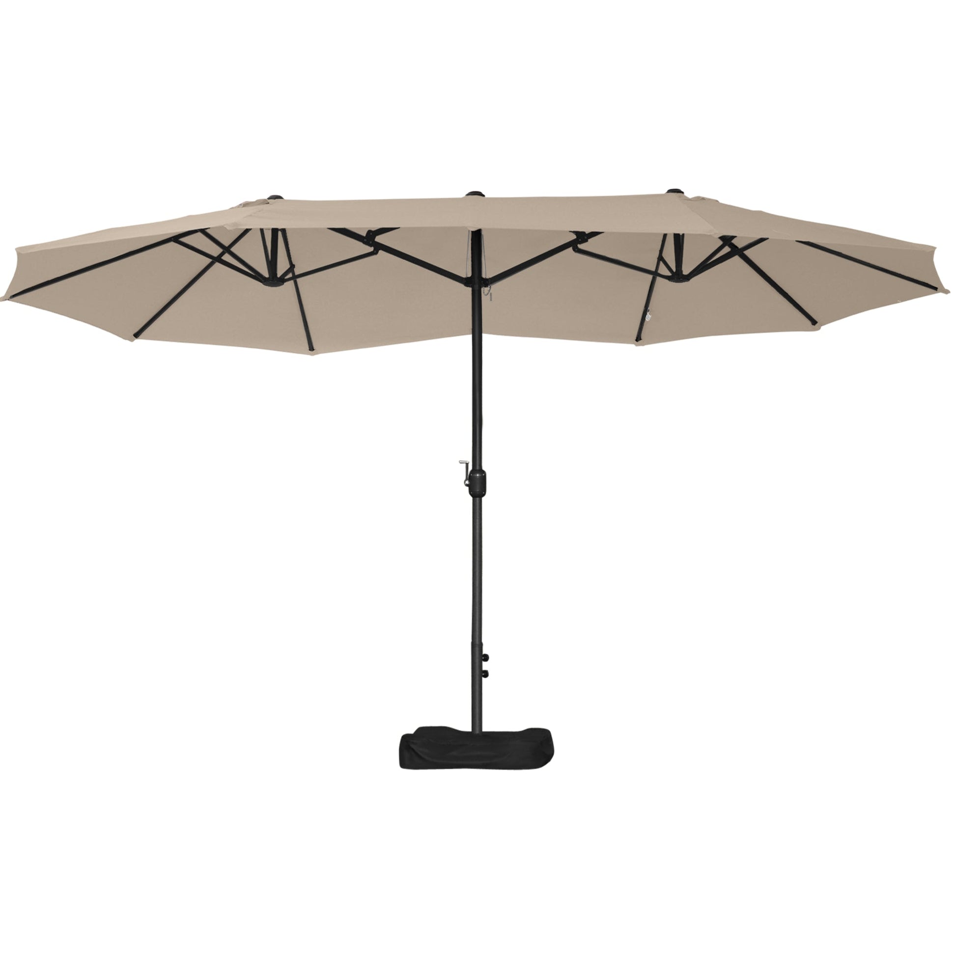 15' Outdoor Patio Umbrella with Twin Canopy Sunshade Steel Table Umbrella with Lift Crank, Cross base, Sandbag, Khaki
