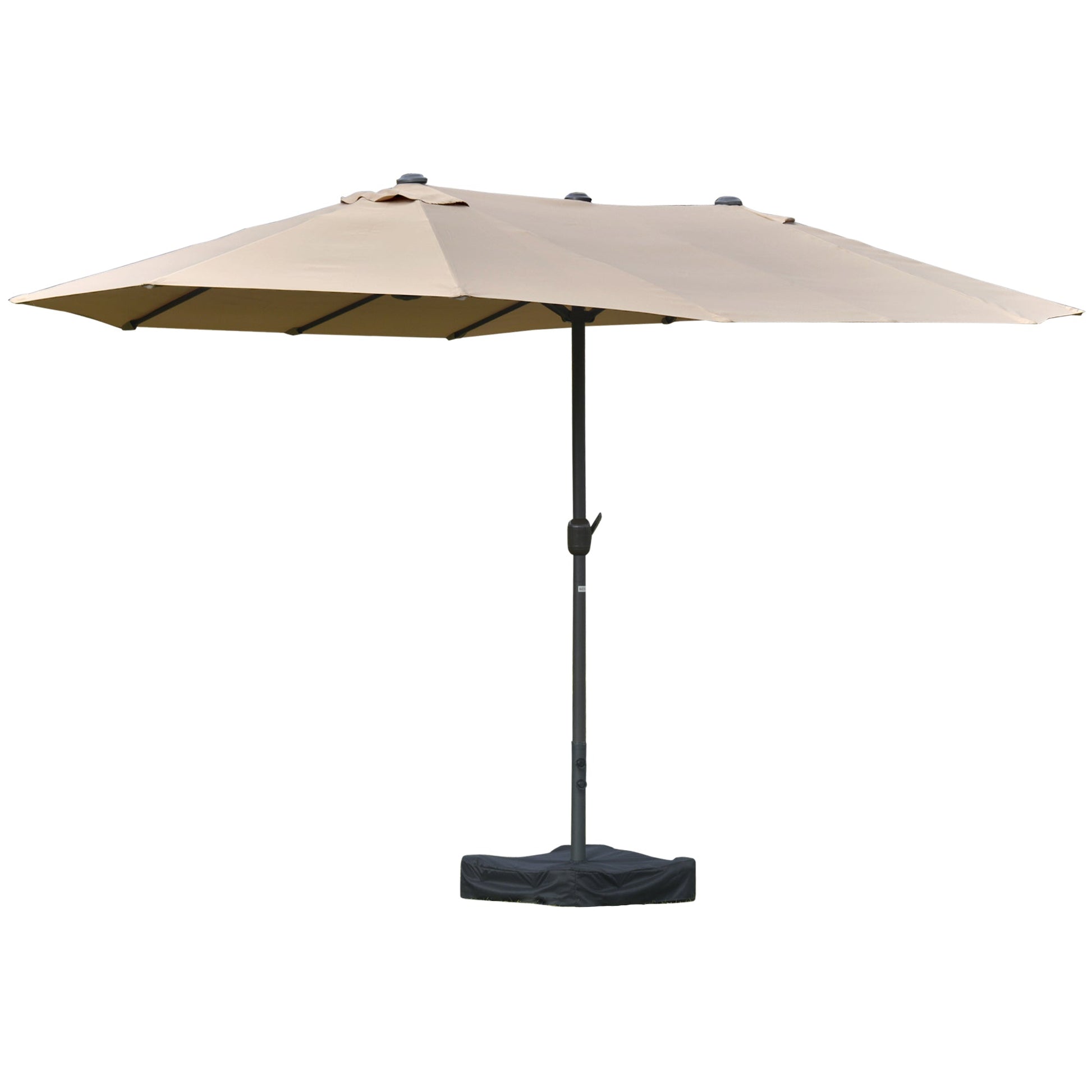 15' Outdoor Patio Umbrella with Twin Canopy Sunshade Steel Table Umbrella with Lift Crank, Cross base, Sandbag, Khaki