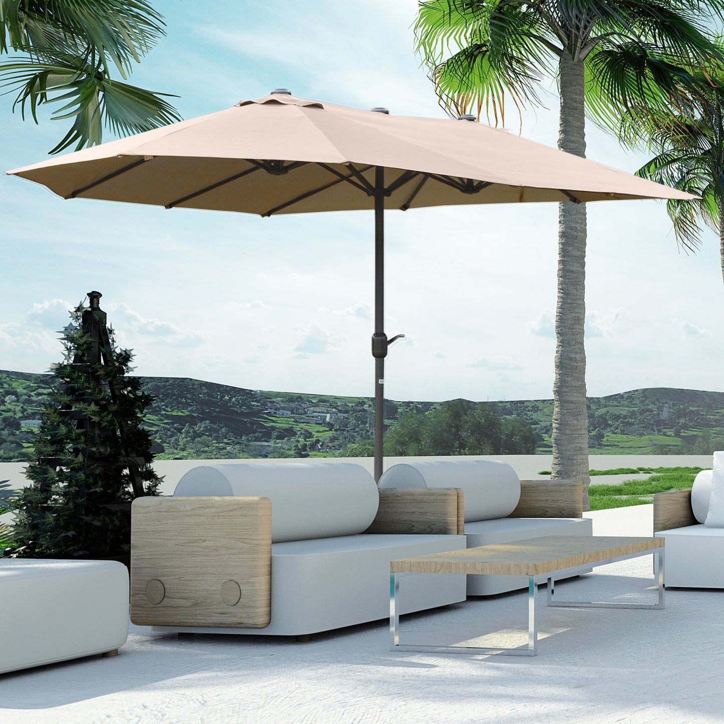 15' Outdoor Patio Umbrella with Twin Canopy Sunshade Steel Table Umbrella with Lift Crank, Cross base, Sandbag, Khaki