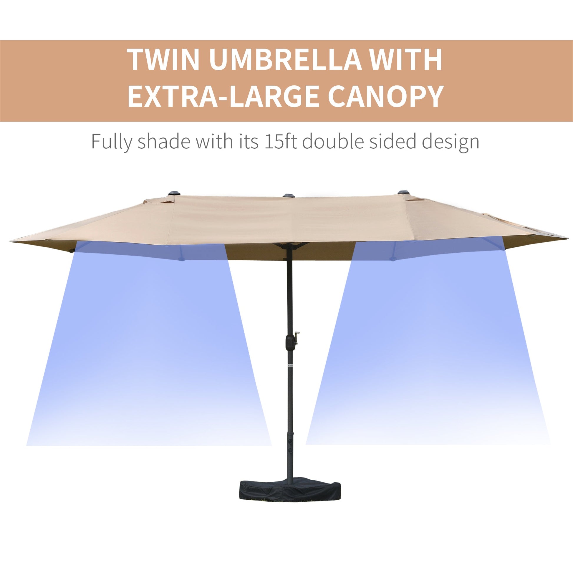 15' Outdoor Patio Umbrella with Twin Canopy Sunshade Steel Table Umbrella with Lift Crank, Cross base, Sandbag, Khaki