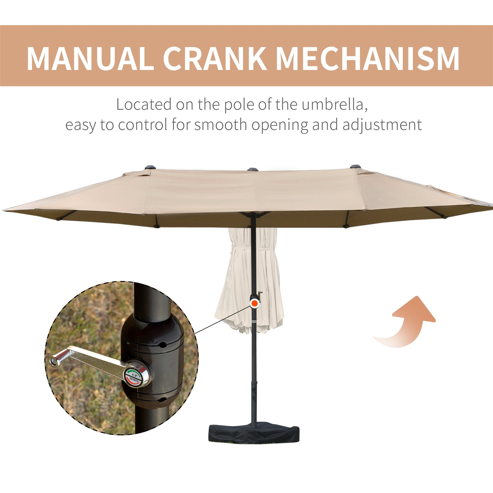 15' Outdoor Patio Umbrella with Twin Canopy Sunshade Steel Table Umbrella with Lift Crank, Cross base, Sandbag, Khaki