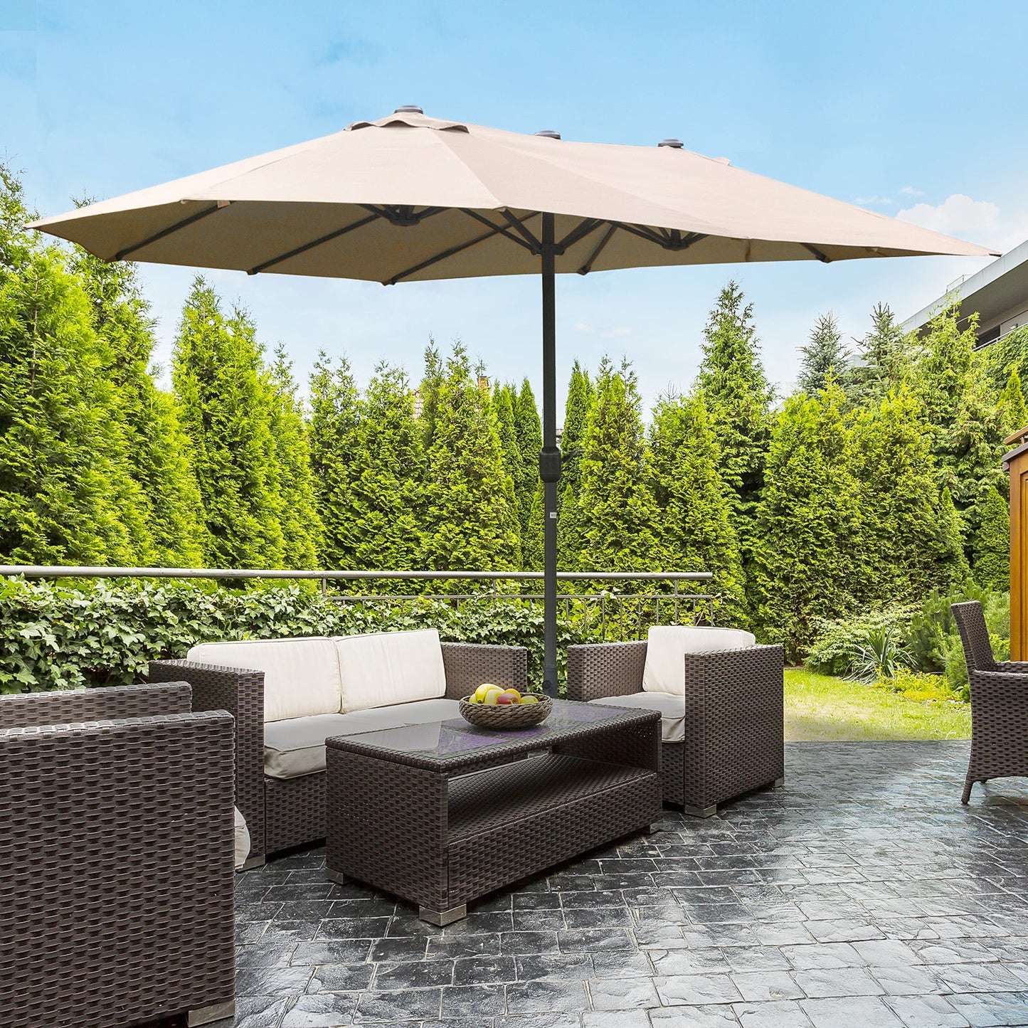 15' Outdoor Patio Umbrella with Twin Canopy Sunshade Steel Table Umbrella with Lift Crank, Cross base, Sandbag, Khaki