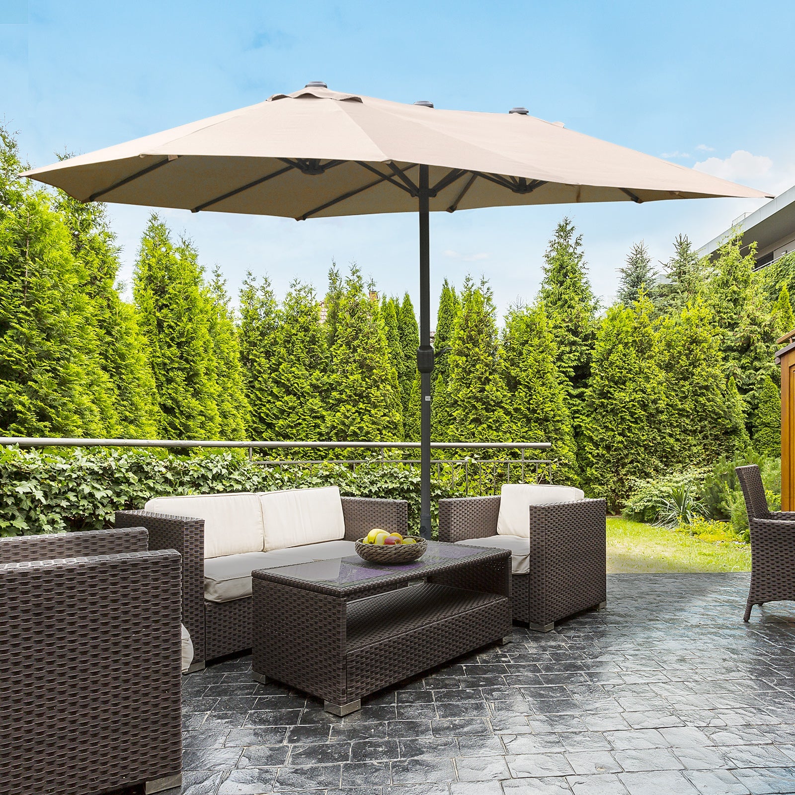 15' Outdoor Patio Umbrella with Twin Canopy Sunshade Steel Table Umbrella with Lift Crank, Cross base, Sandbag, Khaki