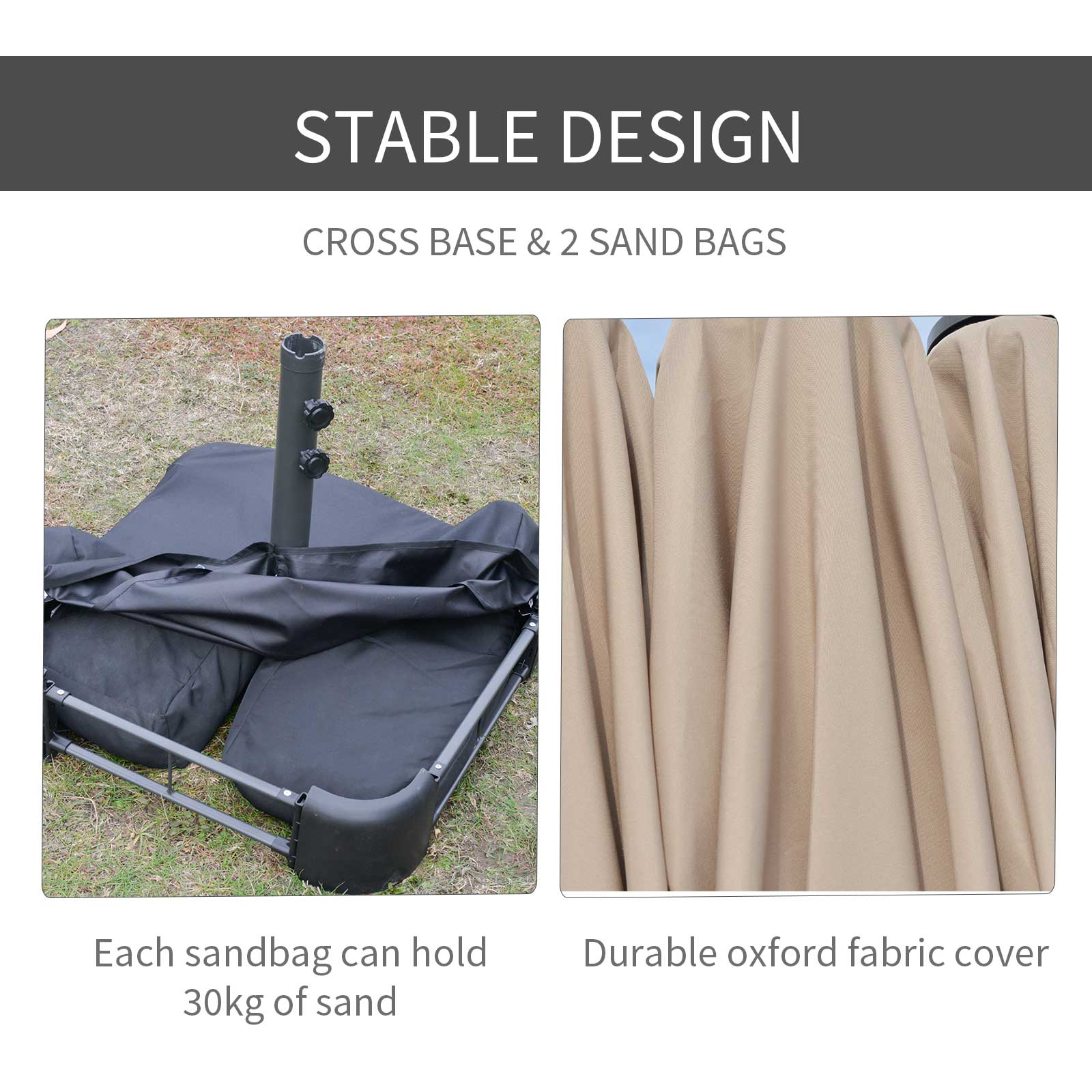 15' Outdoor Patio Umbrella with Twin Canopy Sunshade Steel Table Umbrella with Lift Crank, Cross base, Sandbag, Khaki