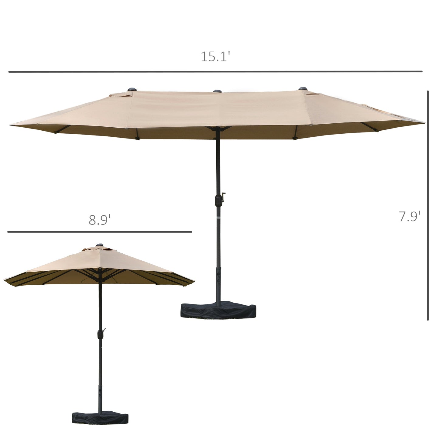 15' Outdoor Patio Umbrella with Twin Canopy Sunshade Steel Table Umbrella with Lift Crank, Cross base, Sandbag, Khaki