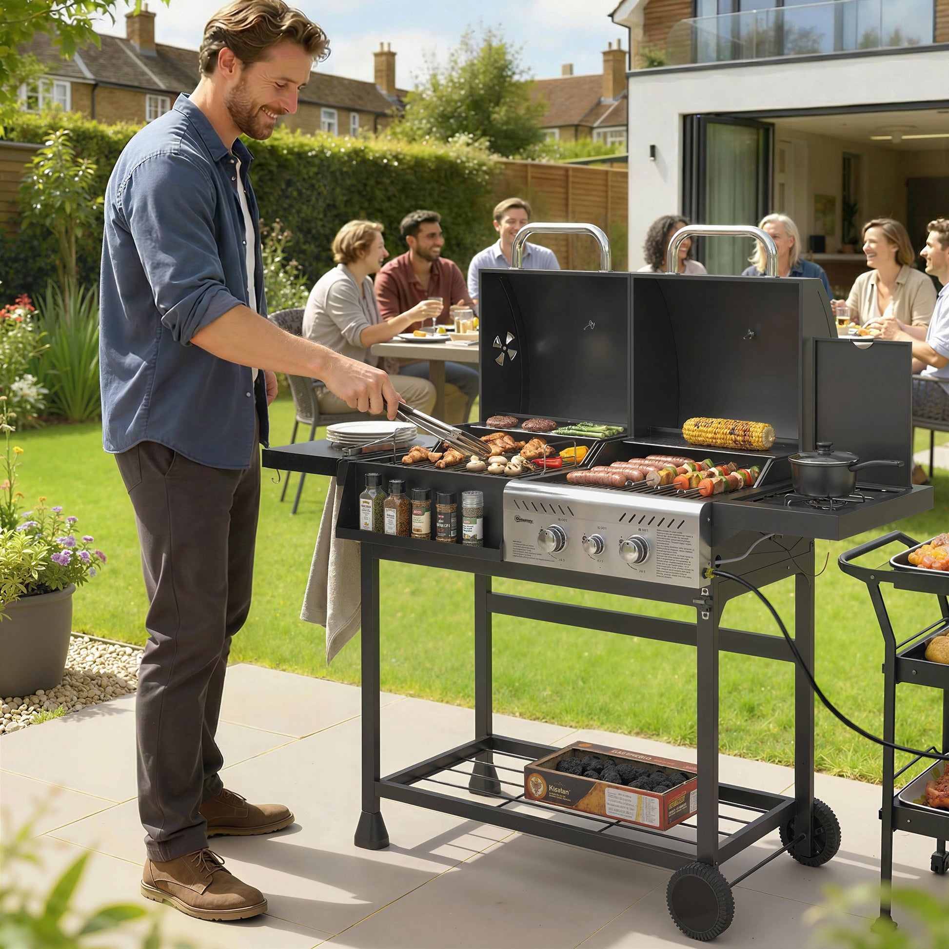 Dual Fuel BBQ Grill, Charcoal and 2+1 Gas Burner Barbecue Grill with Wheels, Warming Rack, Shelves, Thermometer, Bottle Opener, Outdoor Barbeque for Backyard Patio, Black