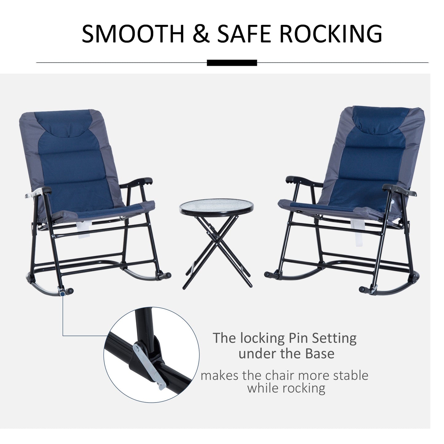 3pc Patio Foldable Rocking Chair Set, Outdoor Rocking Chairs and Table Bistro Set w/ Padded Seat, Headrest, Backrest for park, backyard, garden, Blue