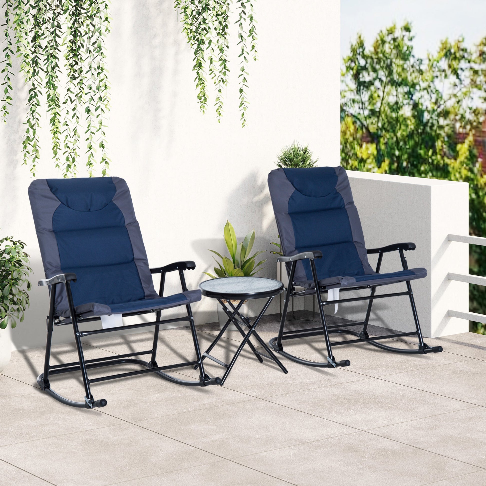 3pc Patio Foldable Rocking Chair Set, Outdoor Rocking Chairs and Table Bistro Set w/ Padded Seat, Headrest, Backrest for park, backyard, garden, Blue