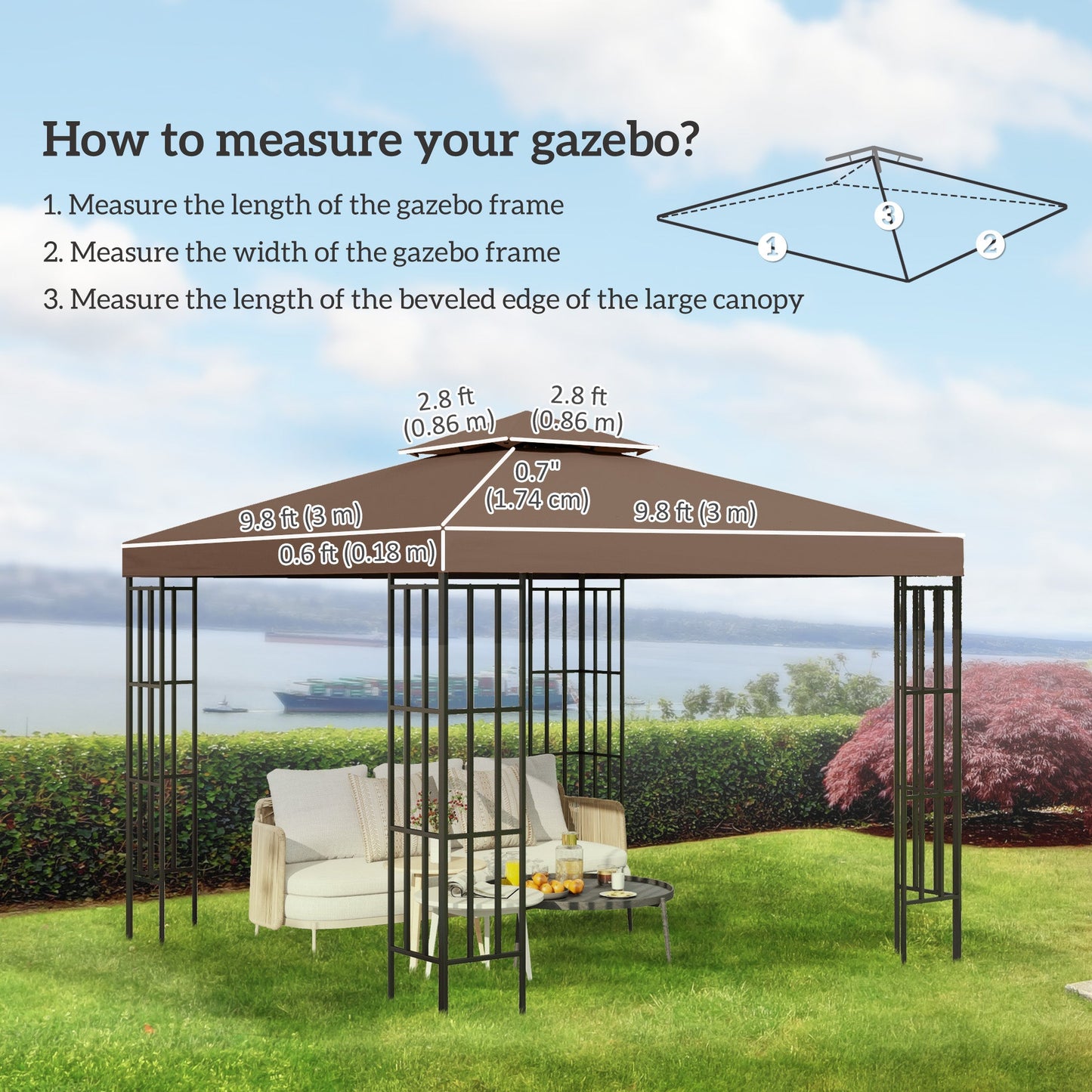 9.8' x 9.8' Square 2-Tier Gazebo Canopy Replacement Top Cover Outdoor Garden Sun Shade, Coffee