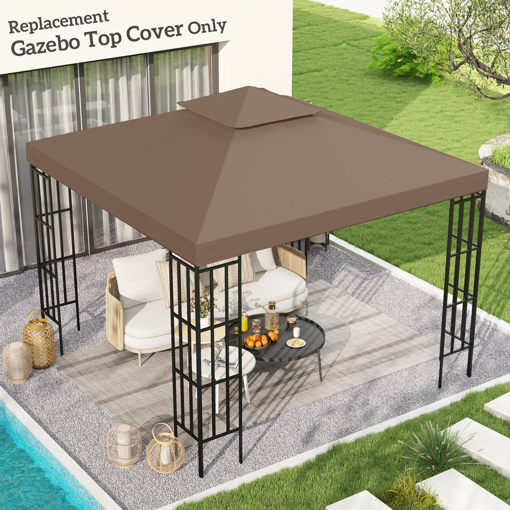 9.8' x 9.8' Square 2-Tier Gazebo Canopy Replacement Top Cover Outdoor Garden Sun Shade, Coffee