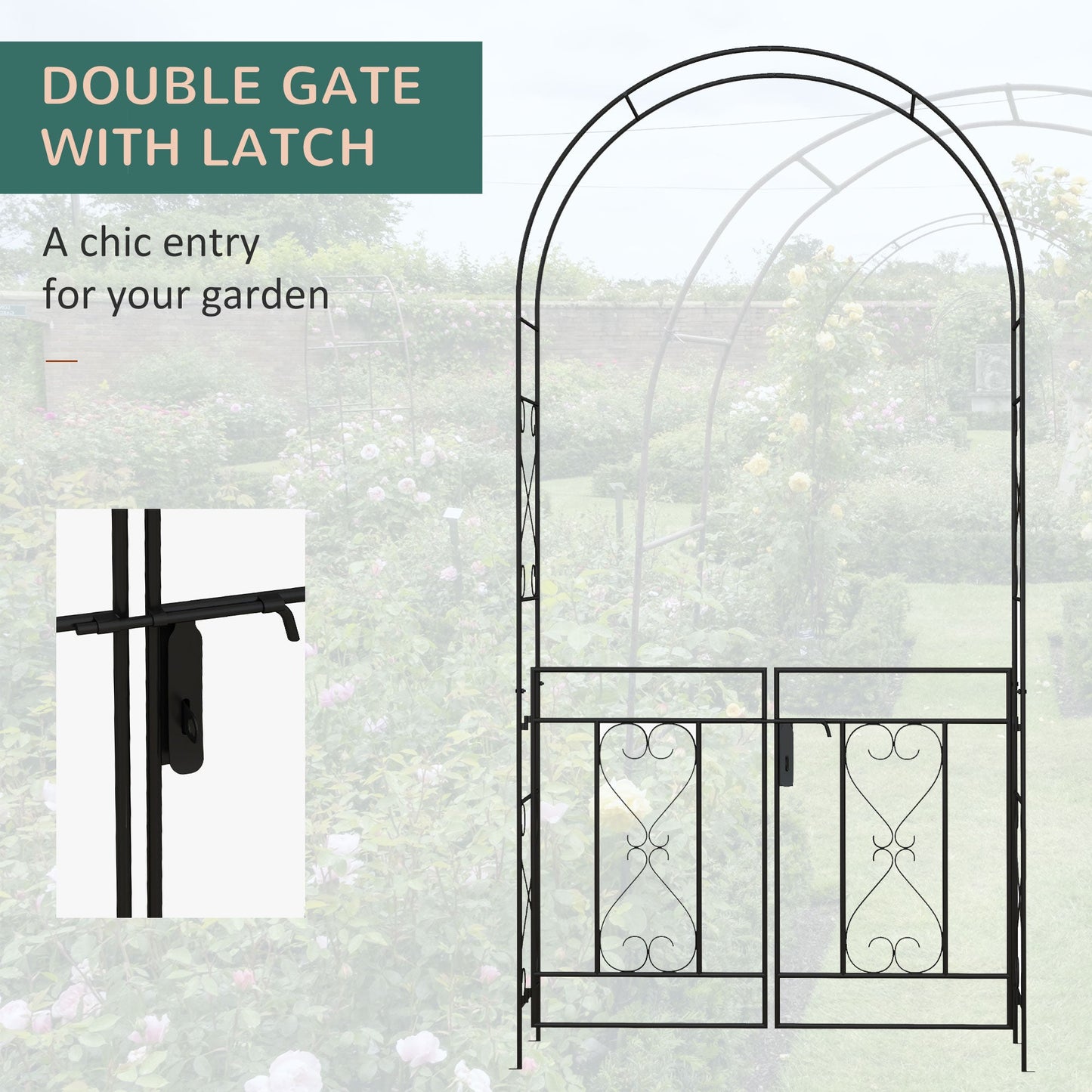 7.6FT Metal Garden Arch with Gate, Garden Arbor Trellis for Climbing Plants, Roses, Vines, Wedding Arch for Outdoor Garden, Lawn, Backyard, Black