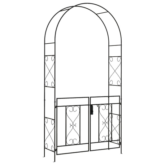 7.6FT Metal Garden Arch with Gate, Garden Arbor Trellis for Climbing Plants, Roses, Vines, Wedding Arch for Outdoor Garden, Lawn, Backyard, Black