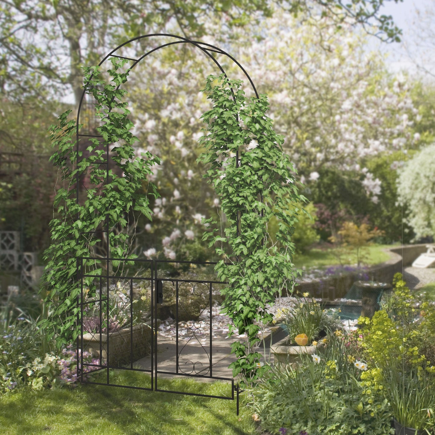 7.6FT Metal Garden Arch with Gate, Garden Arbor Trellis for Climbing Plants, Roses, Vines, Wedding Arch for Outdoor Garden, Lawn, Backyard, Black