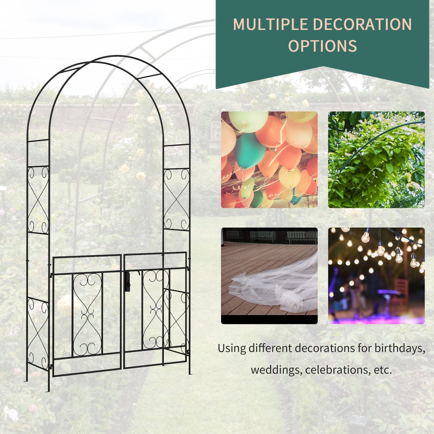 7.6FT Metal Garden Arch with Gate, Garden Arbor Trellis for Climbing Plants, Roses, Vines, Wedding Arch for Outdoor Garden, Lawn, Backyard, Black