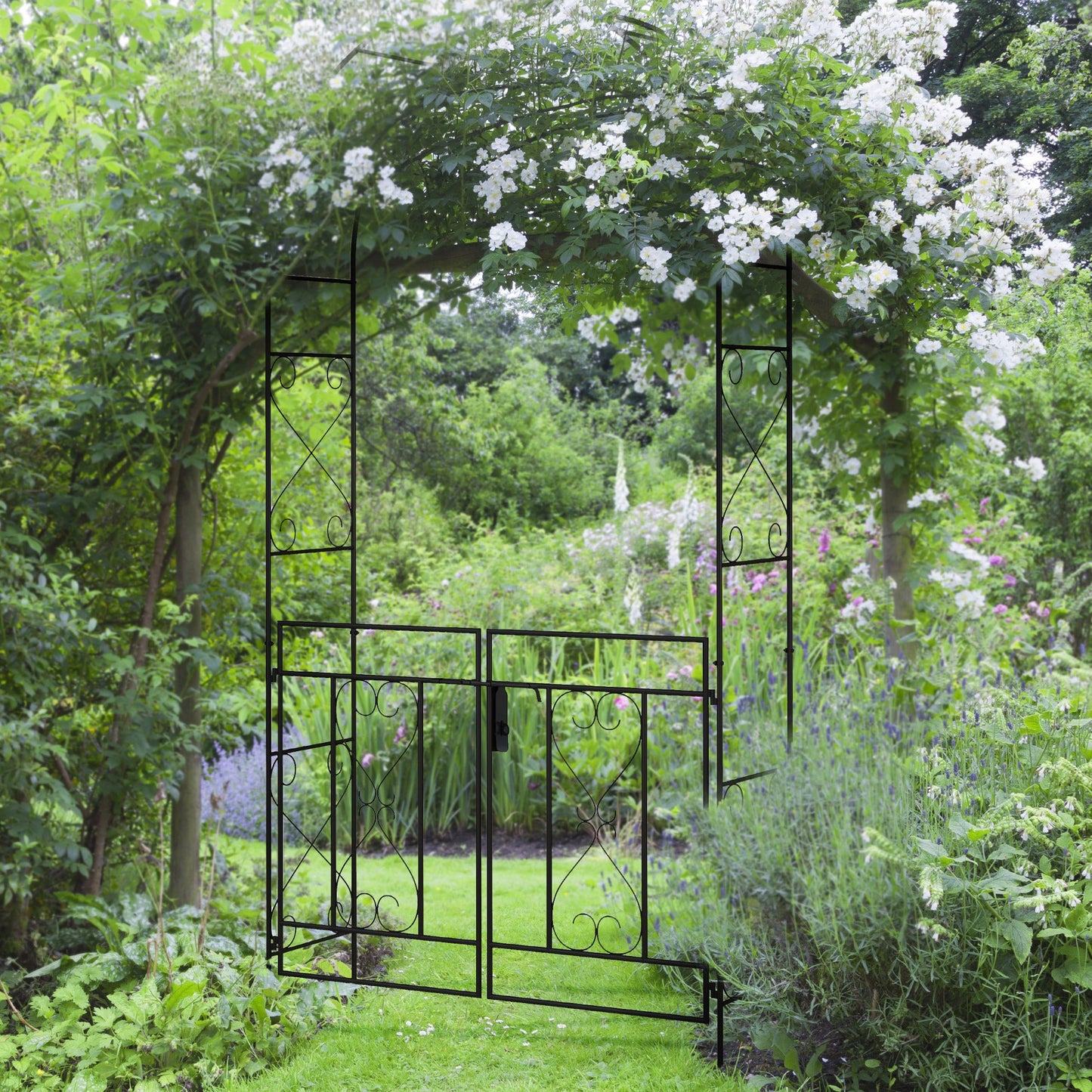 7.6FT Metal Garden Arch with Gate, Garden Arbor Trellis for Climbing Plants, Roses, Vines, Wedding Arch for Outdoor Garden, Lawn, Backyard, Black
