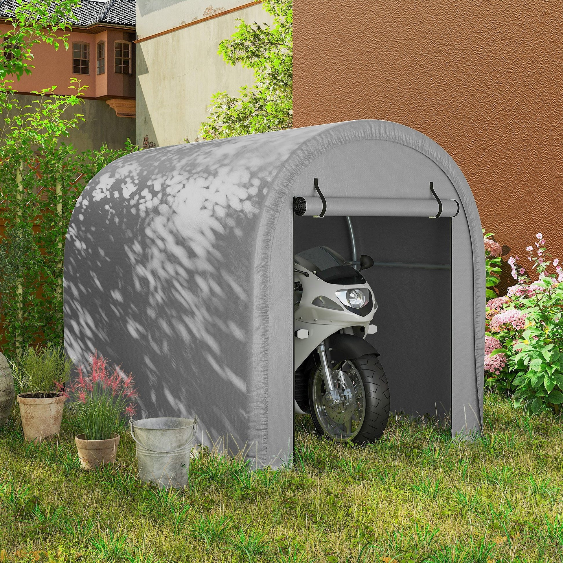8' x 5' Portable Shed, Water-Resistant Bike Tent with Roll-up Zipper Door and Galvanized Steel Frame, Outdoor Storage Shed for Bike, Firewood, Garden Tools, Light Grey