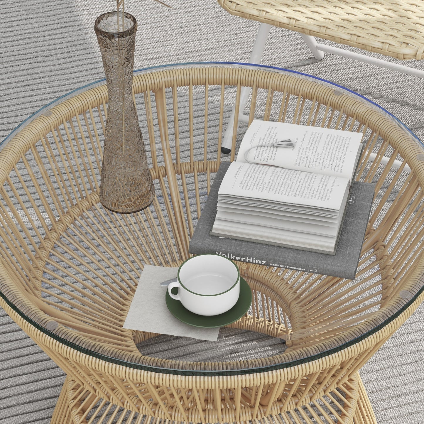 Rattan Outdoor Coffee Table, Patio End Table with Tempered Glass Tabletop & Steel Frame, Round Side Table Wicker Furniture for Backyard Lawn Balcony, Nature Wood