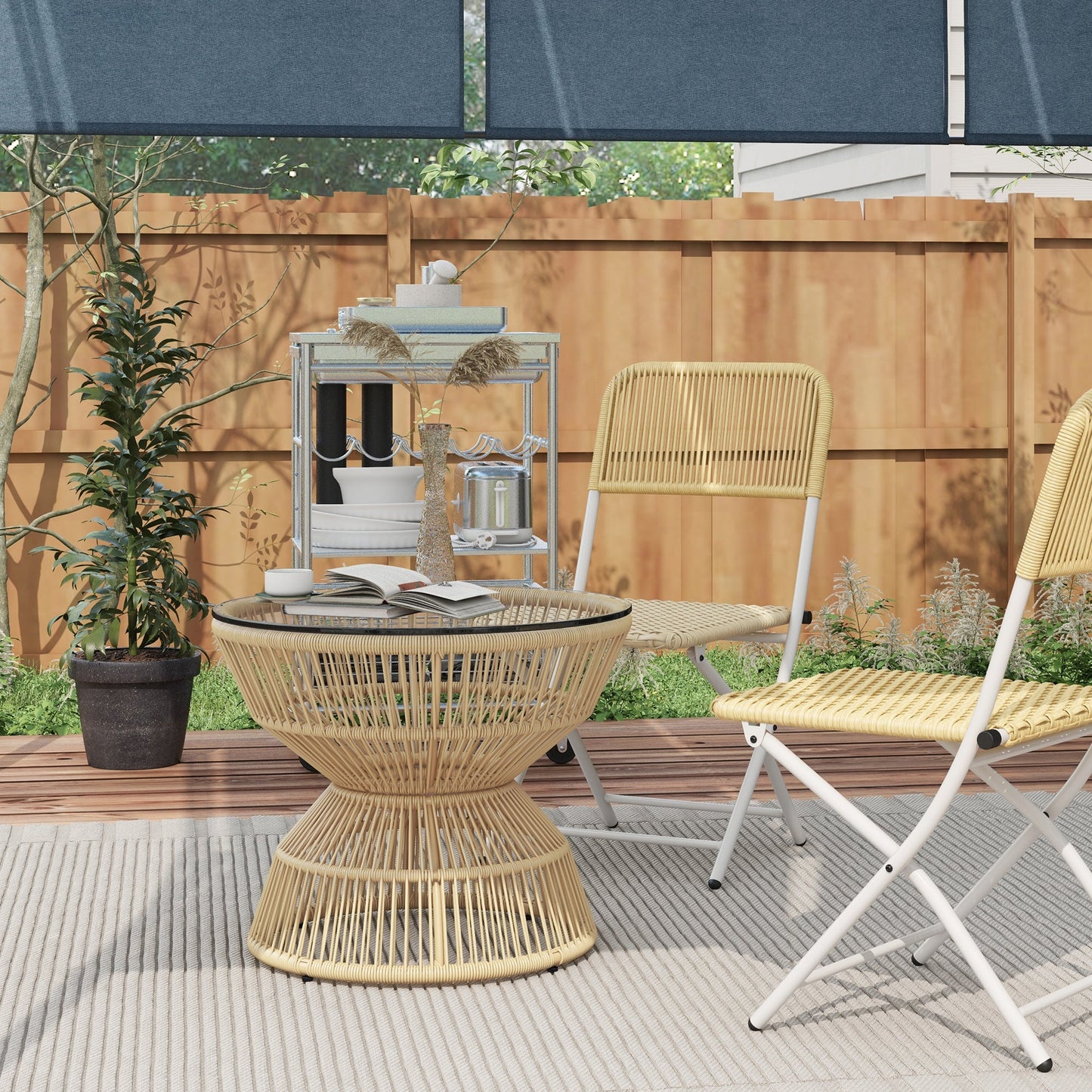 Rattan Outdoor Coffee Table, Patio End Table with Tempered Glass Tabletop & Steel Frame, Round Side Table Wicker Furniture for Backyard Lawn Balcony, Nature Wood