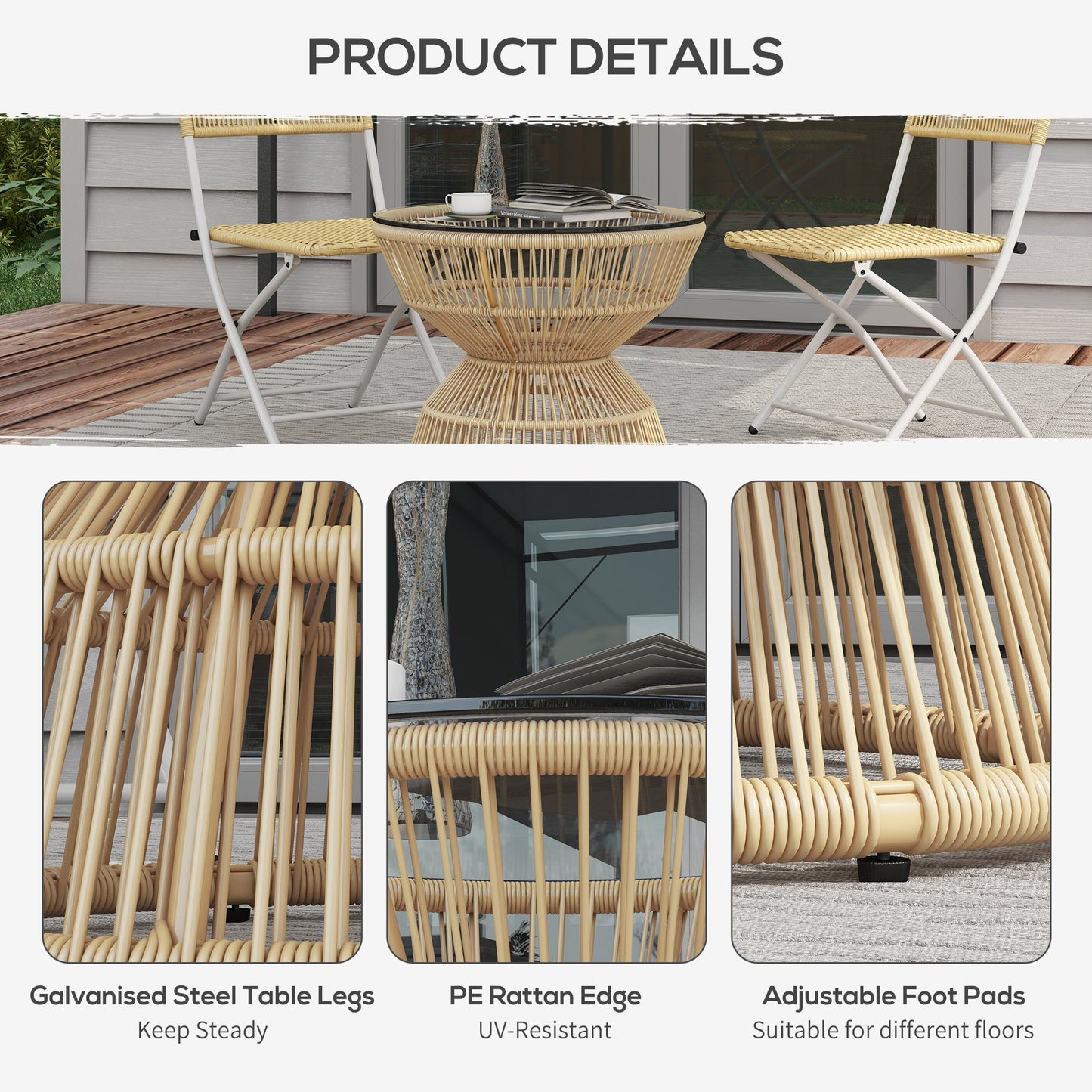 Rattan Outdoor Coffee Table, Patio End Table with Tempered Glass Tabletop & Steel Frame, Round Side Table Wicker Furniture for Backyard Lawn Balcony, Nature Wood