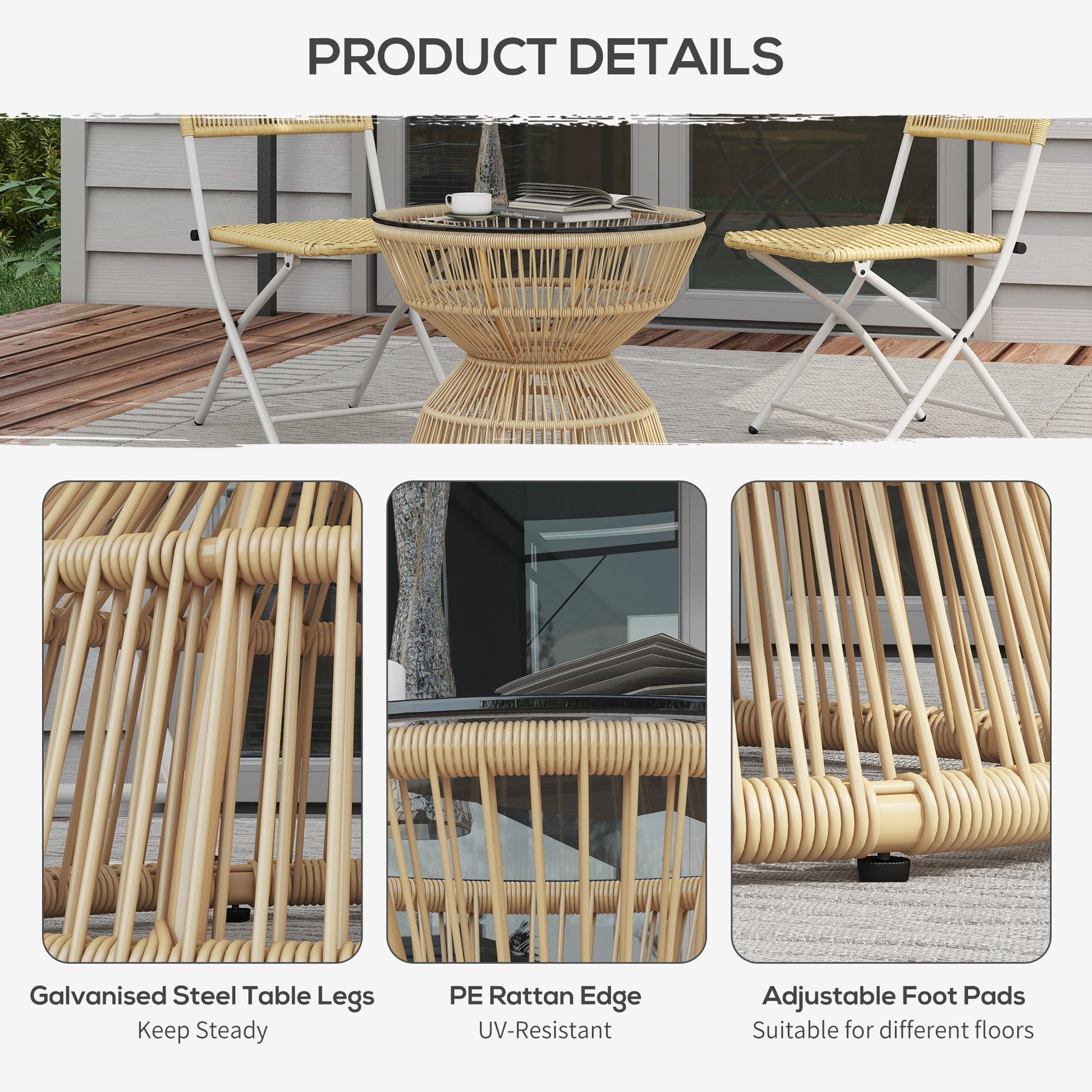Rattan Outdoor Coffee Table, Patio End Table with Tempered Glass Tabletop & Steel Frame, Round Side Table Wicker Furniture for Backyard Lawn Balcony, Nature Wood