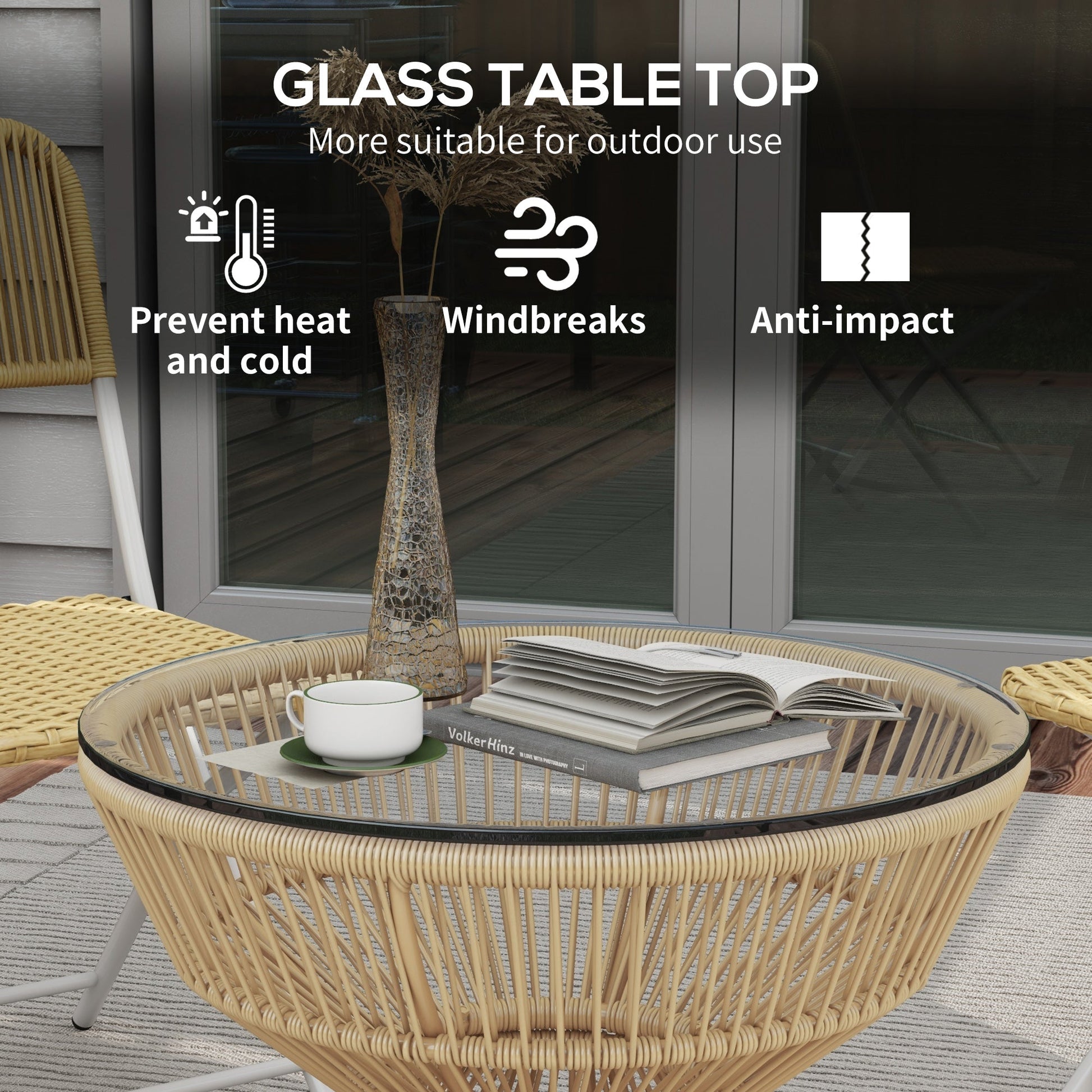 Rattan Outdoor Coffee Table, Patio End Table with Tempered Glass Tabletop & Steel Frame, Round Side Table Wicker Furniture for Backyard Lawn Balcony, Nature Wood