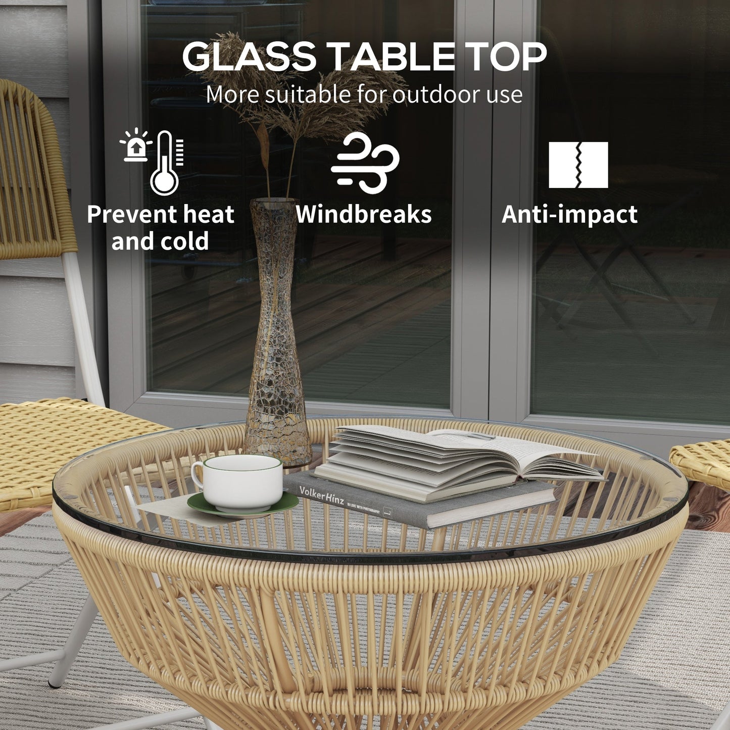 Rattan Outdoor Coffee Table, Patio End Table with Tempered Glass Tabletop & Steel Frame, Round Side Table Wicker Furniture for Backyard Lawn Balcony, Nature Wood