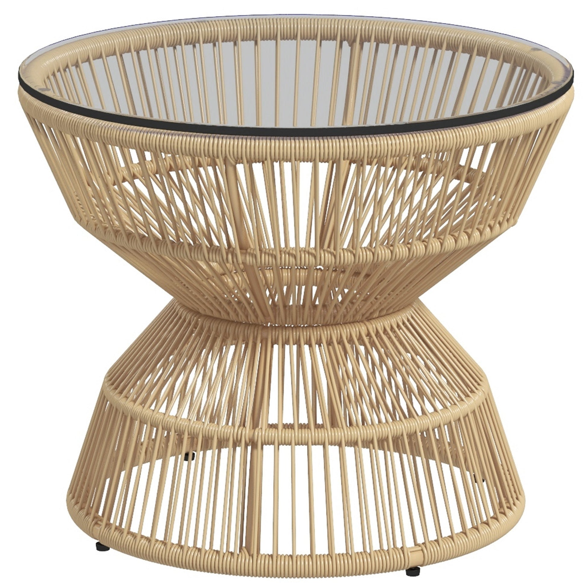 Rattan Outdoor Coffee Table, Patio End Table with Tempered Glass Tabletop & Steel Frame, Round Side Table Wicker Furniture for Backyard Lawn Balcony, Nature Wood