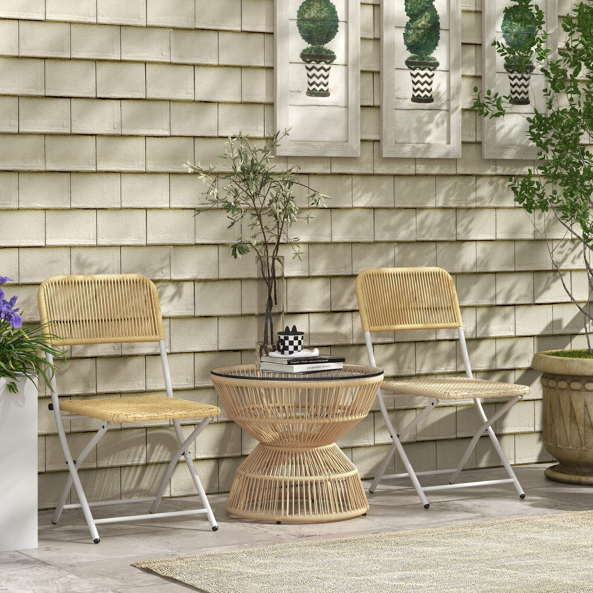 Rattan Outdoor Coffee Table, Patio End Table with Tempered Glass Tabletop & Steel Frame, Round Side Table Wicker Furniture for Backyard Lawn Balcony, Nature Wood