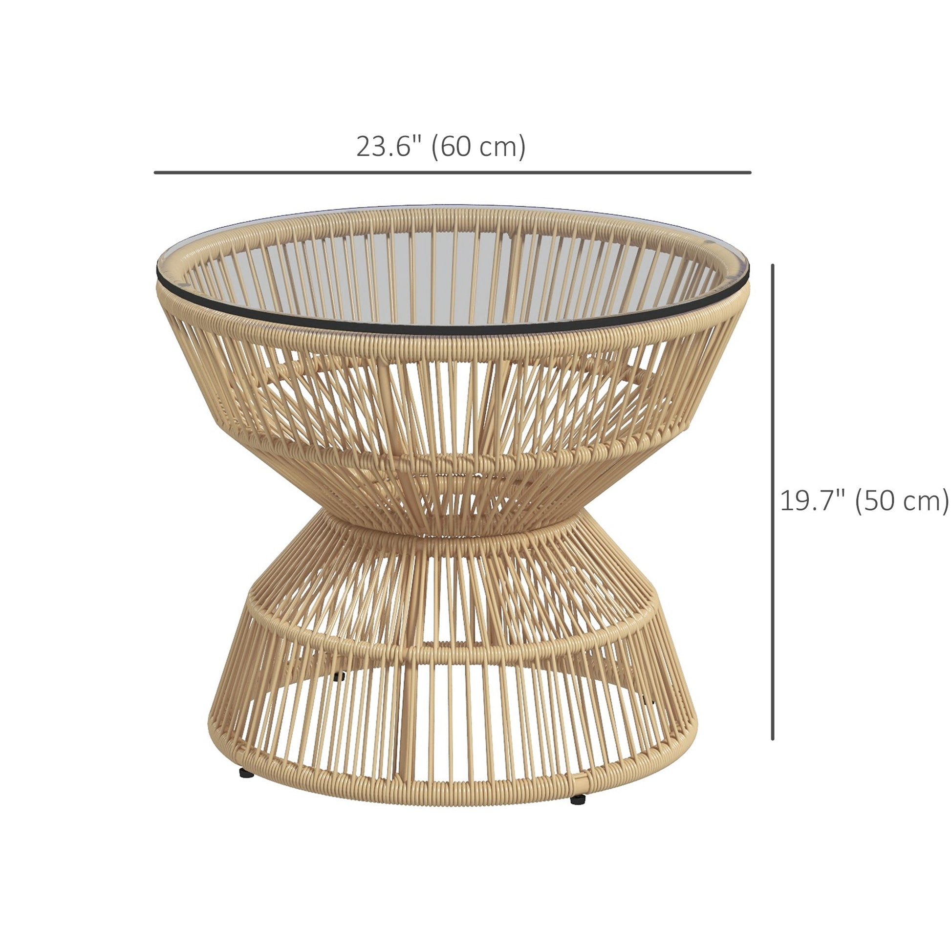 Rattan Outdoor Coffee Table, Patio End Table with Tempered Glass Tabletop & Steel Frame, Round Side Table Wicker Furniture for Backyard Lawn Balcony, Nature Wood