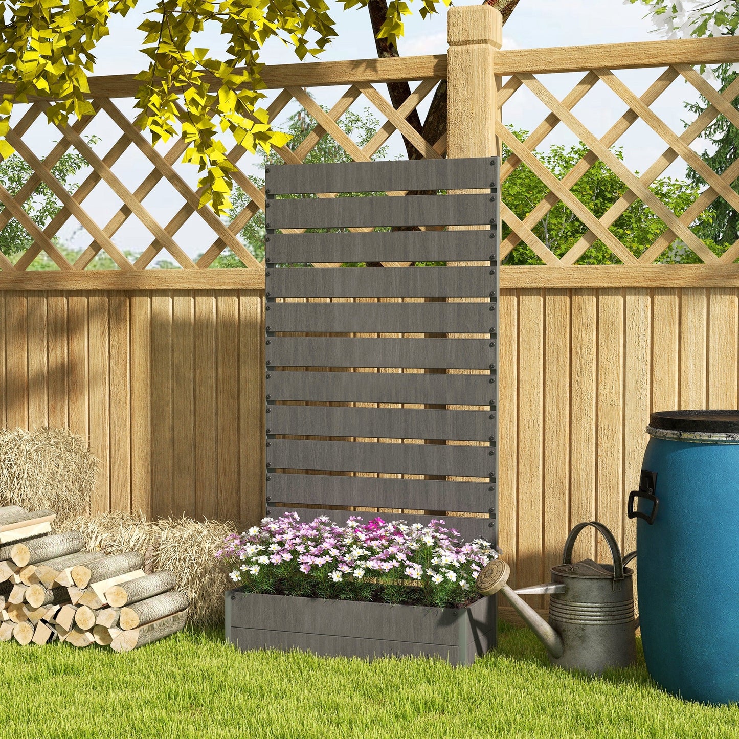 Raised Garden Bed with Trellis for Climbing Plants, 35.6" x 15" x 70.9" Planter Box with Self Draining Gap, Freestanding Trellis Planter for Outdoor, Patio, Dark Grey