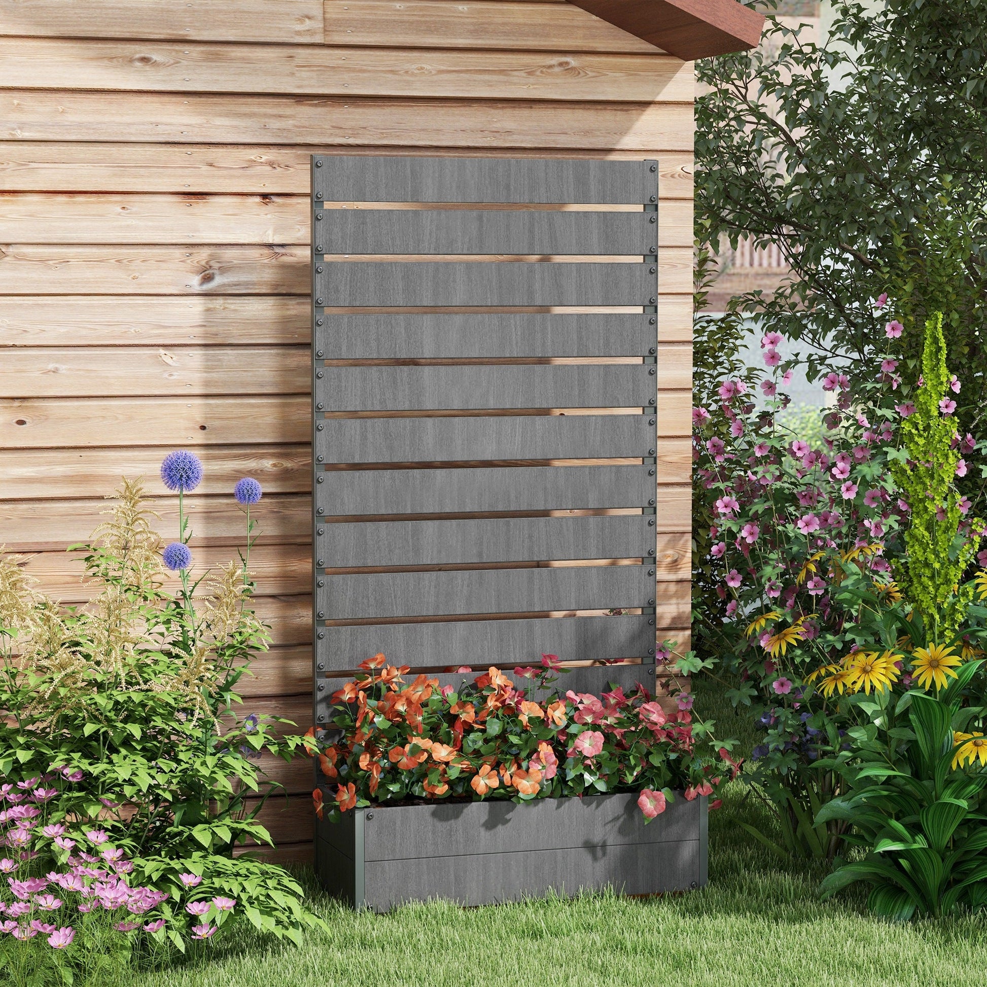 Raised Garden Bed with Trellis for Climbing Plants, 35.6" x 15" x 70.9" Planter Box with Self Draining Gap, Freestanding Trellis Planter for Outdoor, Patio, Dark Grey