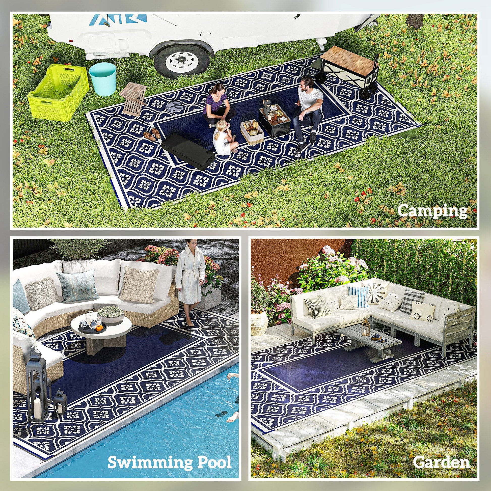 Reversible Outdoor RV Rug with Carry Bag, 9' x 18' Patio Floor Mat, Plastic Straw Rug for Backyard, Deck, Picnic, Beach, Camping, Gourd Border, Blue and White