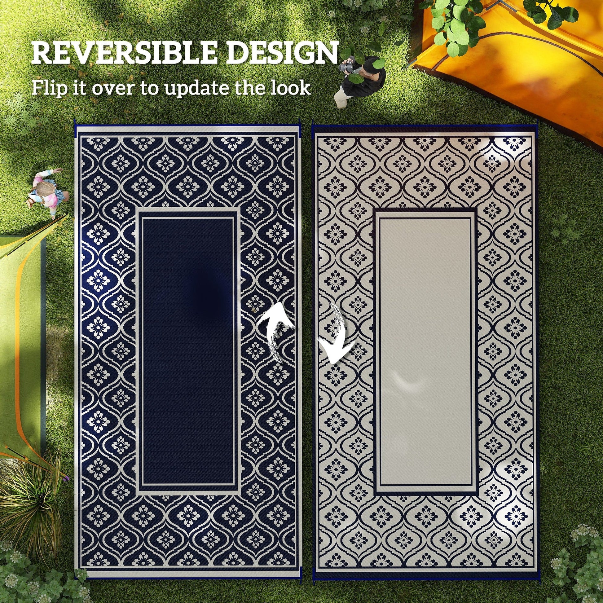 Reversible Outdoor RV Rug with Carry Bag, 9' x 18' Patio Floor Mat, Plastic Straw Rug for Backyard, Deck, Picnic, Beach, Camping, Gourd Border, Blue and White
